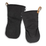Two black canvas oven mitts with a loop for hanging and a branding label on one.