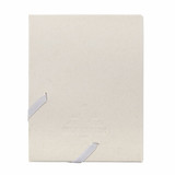A beige, bound planner with a textured cover, featuring white ribbon ties and an embossed logo.