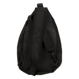 A black Sling RPET Travel Bag with a textured surface and adjustable straps. It features a logo.