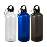 A drink bottle collection featuring clear, blue, and dark grey bottles, each with a black cap and carabiner.