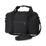A black canvas duffle bag with dual handles, a shoulder strap, and a front zip pocket. It features a logo.
