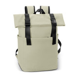 A soft-touch flap backpack in cream with black straps and a front pocket. It features a minimalistic design.