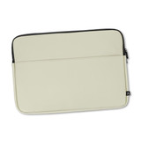 A soft-touch laptop sleeve in cream with a black zipper and a branding logo on the side.