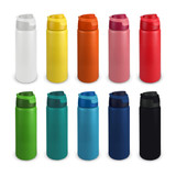 A drink bottle collection in various colours, including white, yellow, orange, pink, red, green, blue, navy, and black, with a logo.