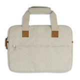 A beige laptop bag with brown accents and dual handles, featuring a front zip pocket and a simple design.