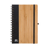 A bamboo notebook with a black textured cover and a black elastic band. Features a spiral binding and a logo.