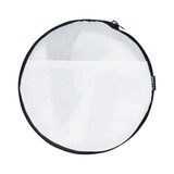 A round, mesh bag with a black zipper and trim, featuring a transparent white exterior.