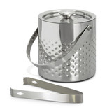 A silver ice bucket with a textured surface and a lid, accompanied by metal tongs.