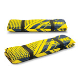 A foldable stadium cushion in blue and yellow, secured with black straps. Features a logo on its surface.