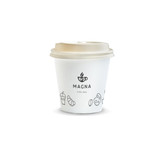 A compostable white paper coffee cup with a beige lid, featuring simple illustrations and a logo.