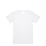 A plain white t-shirt featuring a logo, displayed on a neutral background.