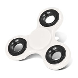 A fidget spinner featuring a white body and black bearings in each arm.