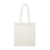 A cream-coloured tote bag with long handles and a blank surface, featuring a branding logo.