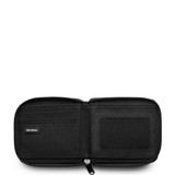 A black recycled zip wallet featuring multiple card slots and a transparent ID window, with a branding logo.