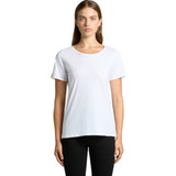 A white t-shirt with short sleeves, featuring a round neckline and a simple design, displayed on a model.