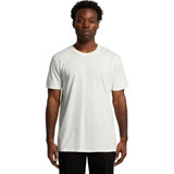 A plain white organic t-shirt displayed on a male model. The shirt features a logo on the front.