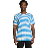 A striped T-shirt featuring blue and white stripes, with a crew neckline and a logo featured.