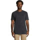 A black stone wash T-shirt featuring a round neckline and short sleeves. It has a logo on it.