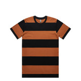 A striped t-shirt featuring wide black and orange stripes, with a round neckline and short sleeves.