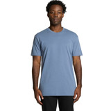 A plain blue t-shirt with short sleeves, featuring a simple design and a logo on the side.
