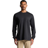 A long-sleeve black T-shirt featuring a front pocket and a subtle logo. Suitable for casual wear.