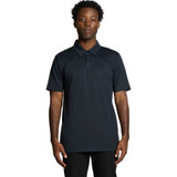 A black polo shirt featuring a collar and short sleeves, with a logo on the chest.