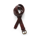 A braided leather belt in dark brown with a brass buckle, featuring a woven design and leather accents.