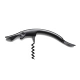 A black corkscrew with a bottle opener and a curved handle, featuring a logo on the side.
