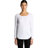A long-sleeve t-shirt in white, featuring a scoop neckline and a fitted silhouette. It has a logo on the front.