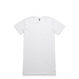 A white oversized dress T-shirt displayed flat against a plain background, featuring a branding logo.