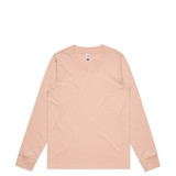 A long-sleeve t-shirt in a soft peach colour, featuring a plain design and a round neckline. It has branding on the tag.