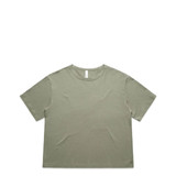 A soft green T-shirt featuring a crew neckline and short sleeves, with a brand logo.