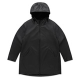 A black rain jacket with a hood, featuring a zip closure and side pockets, and includes a logo.