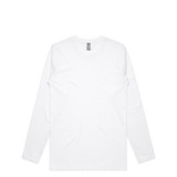 A white long-sleeve T-shirt with a logo on the label. Simple and classic design.