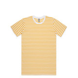A yellow and white striped T-shirt with a round neckline and short sleeves. It features a logo.