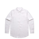 A white linen button-up shirt with long sleeves and a chest pocket. It features a collar and a logo.