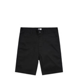 Plain black dress shorts featuring a button and zip fastening, with front and back pockets. Includes a logo.