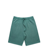 Faded green sports shorts featuring an elastic waistband and a logo.