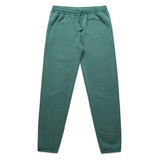 Faded green track pants with an elastic waistband and side pockets, featuring a logo.