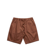 Brown dress shorts with an elastic waistband and pockets, featuring a drawstring at the front.