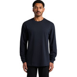 A navy blue long-sleeve t-shirt featuring a round neckline and a logo on the front.