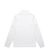 A white turtle neck sweater featuring long sleeves and a high collar, with a branding logo on the back.