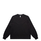 A black long-sleeve T-shirt featuring a simple design and a rounded neckline. It has a logo on the label.