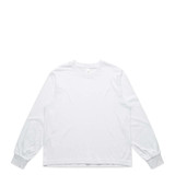 A long-sleeved tee in white with fitted cuffs and a simple design; features a branding logo.
