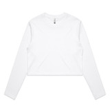 A white long-sleeve cropped tee with a minimalist design and a logo present.
