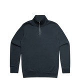 A navy half zip crew jumper with a simple design and a zipper at the neck. It features a logo on the chest.