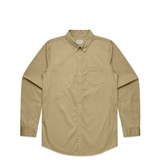 A khaki button-up denim wash shirt with long sleeves and a chest pocket, featuring a logo.