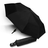 A black compact umbrella displayed open, with a matching black cover beside it. The umbrella has a logo on the handle.