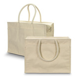 A cream-coloured shopping cooler tote with zip closure and sturdy handles, featuring a plain design and a branding logo.