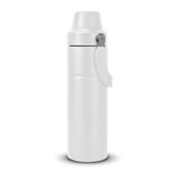 A drink bottle in white with a screw top lid and a side handle, featuring a sleek, modern design.